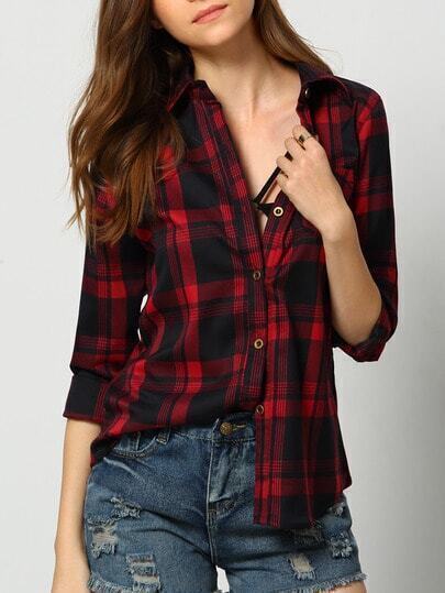 Red Black Lapel Buttons Plaid Pocket Blouse Red Black Lapel Buttons Plaid Pocket Blouse pictures