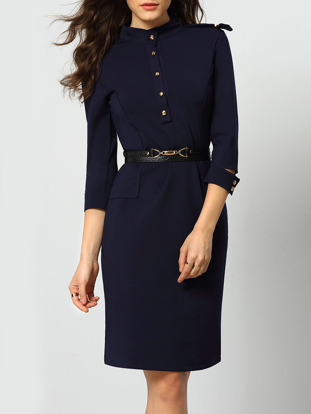 Navy Stand Collar Epaulet Zipper Back Dress SheIn(Sheinside)