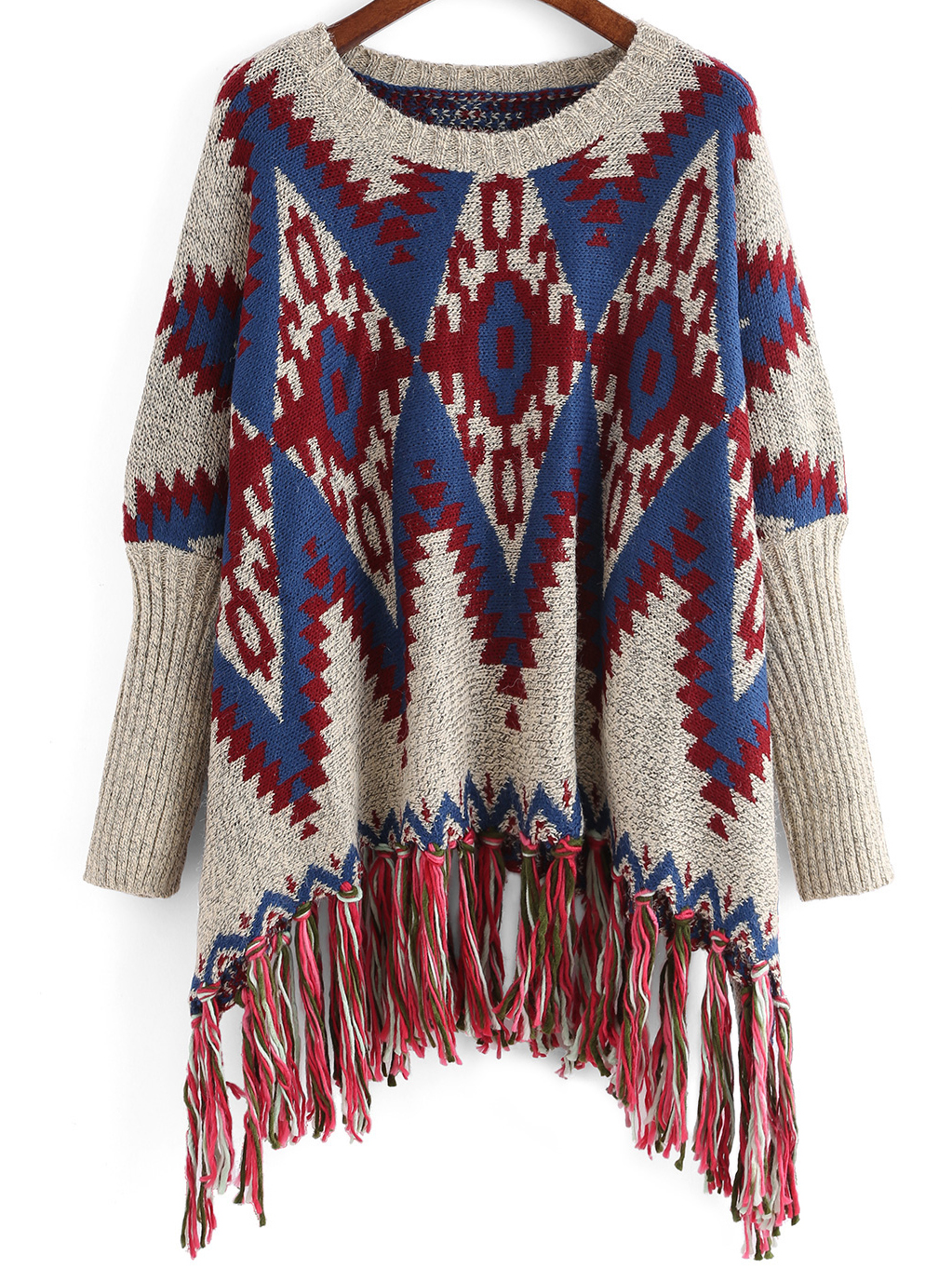 Colour Round Neck Tribal Print Tassel Sweater