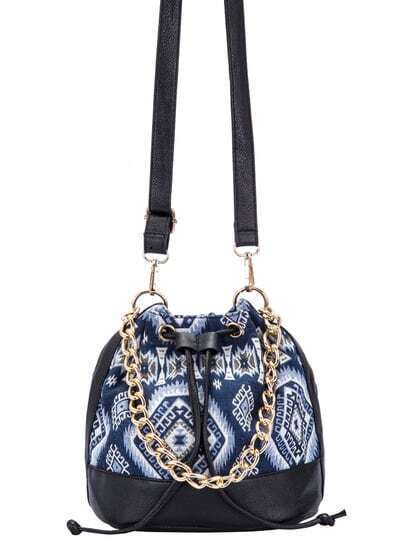 Blue Drawstring Contrast PU Random Geometric Print Chain Bucket Bag pictures