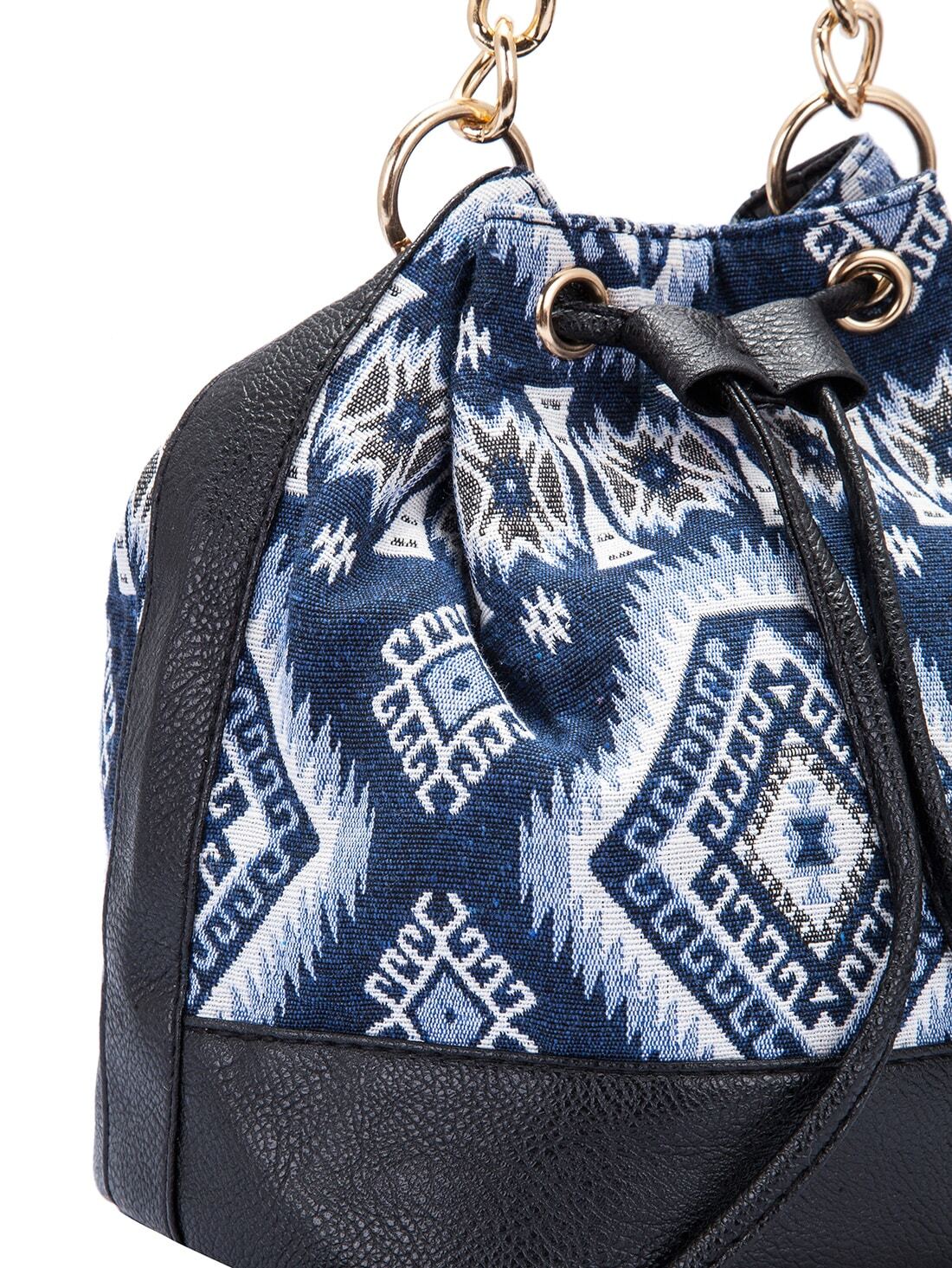 Blue Drawstring Contrast PU Random Geometric Print Chain Bucket Bag