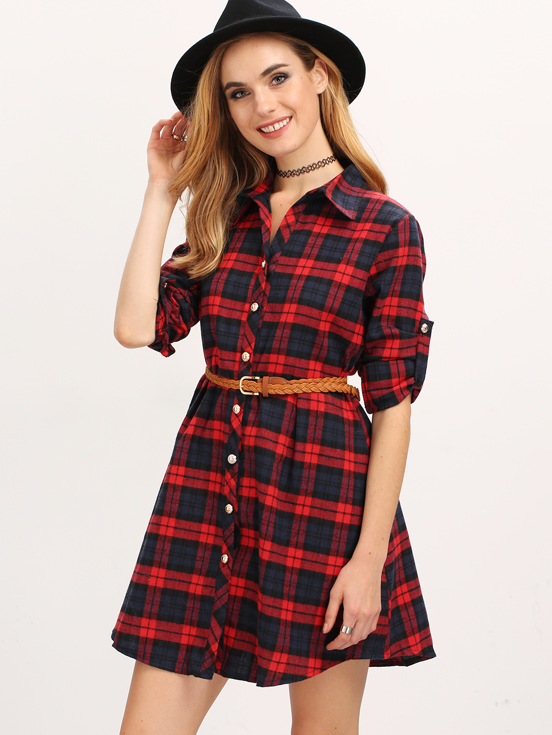 Red Blue Lapel Plaid Long Blouse