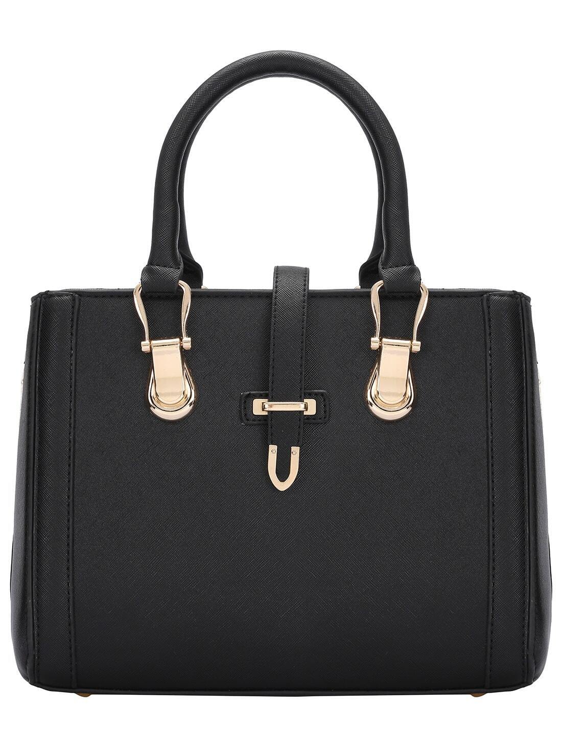 Black Buckle Zipper PU Shoulder Bag SheIn(Sheinside)