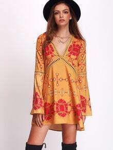 Vestido cuello V vintage hueco -multicolor