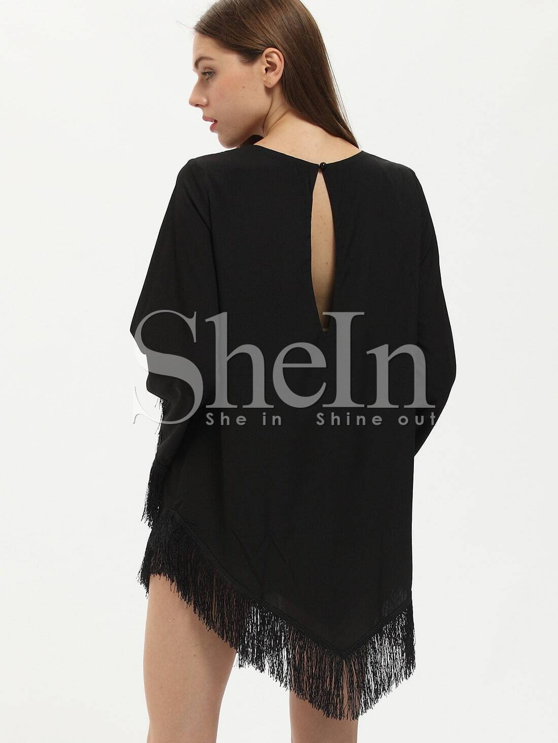 Black Long Sleeve V Neck Fringe Dress SheIn(Sheinside)