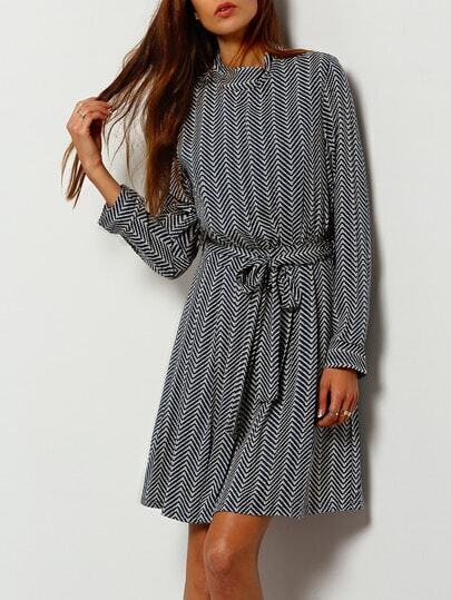 Blue Wave Pattern Stand Collar Belted Dress Blue Wave Pattern Stand Collar Belted Dress pictures