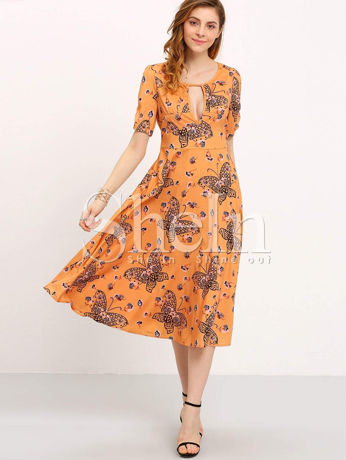 Yellow Short Sleeve Vintage Print Dress