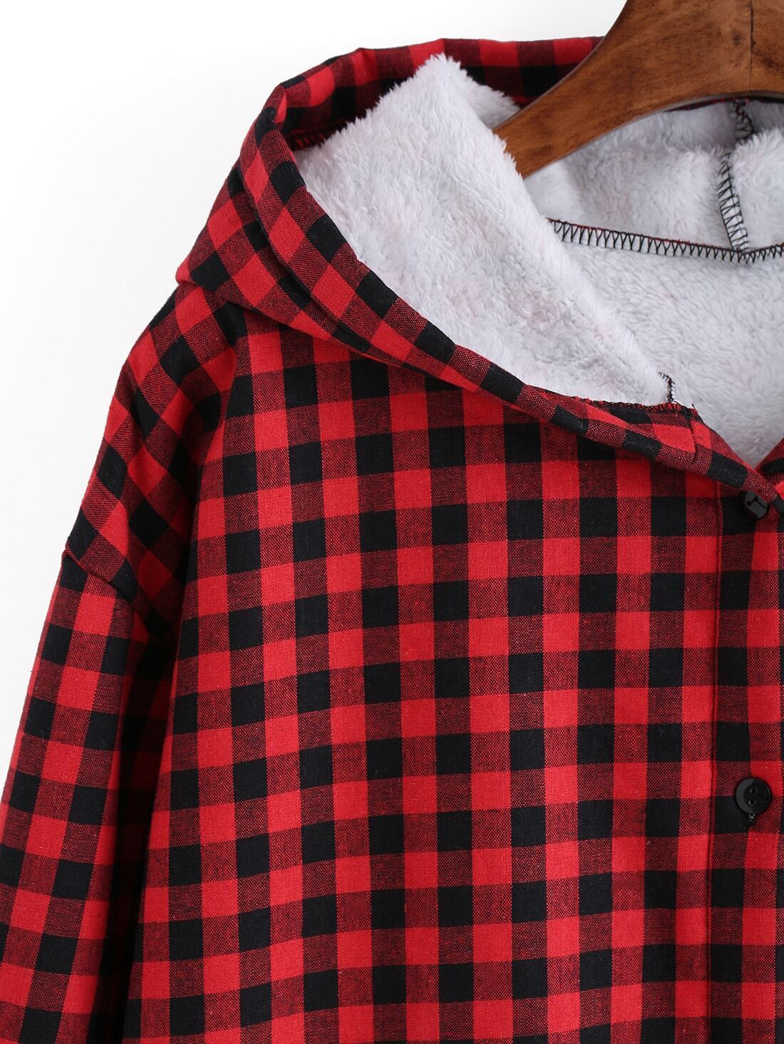 Red Hooded Plaid Pocket Loose Coat SheIn(Sheinside)