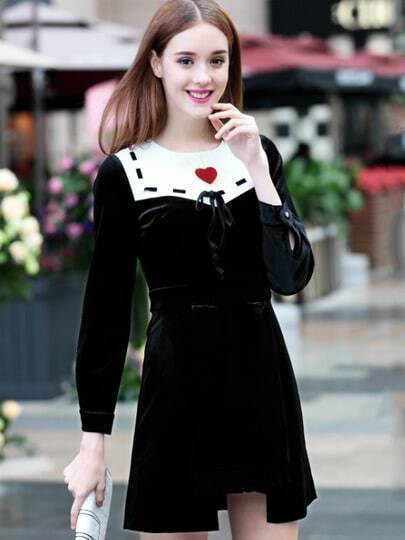 Black Round Neck Long Sleeve Embroidered Tie Dress