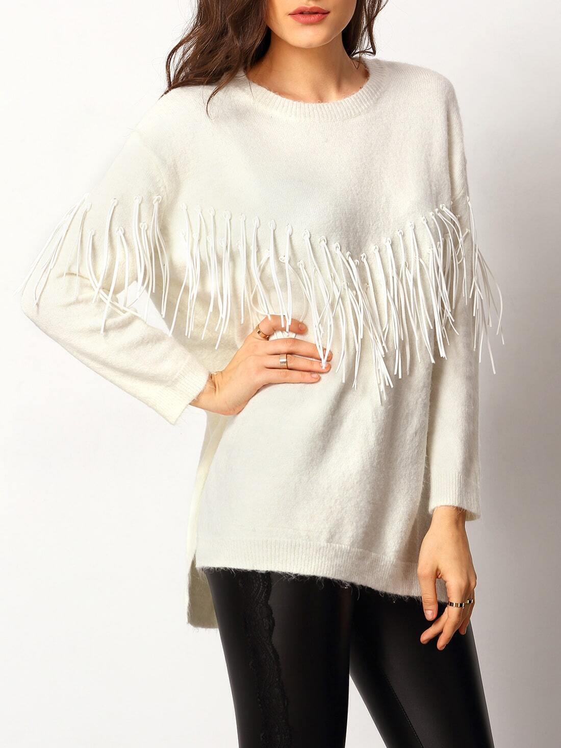 White Round Neck Tassel Loose Sweater SheIn(Sheinside)