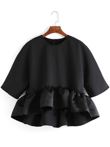 Black Crew Neck Ruffle Dip Hem Blouse