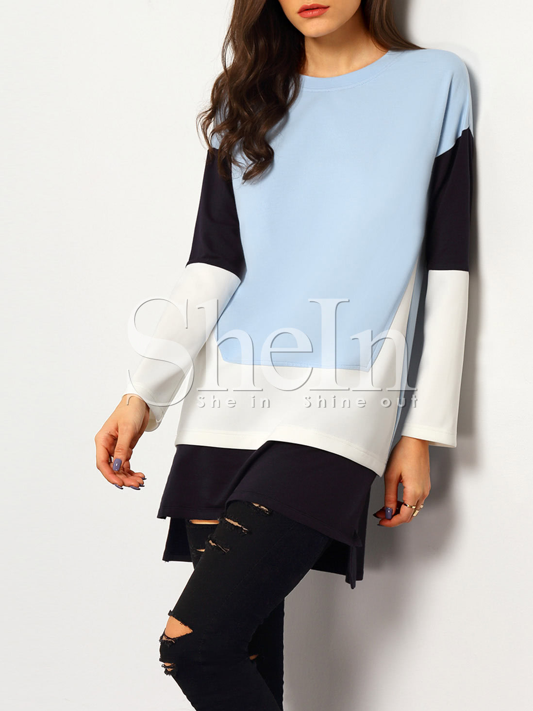 Blue Color Block Dip Hem Dress