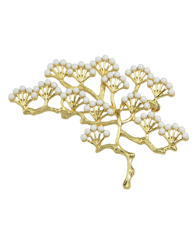 Gold Plated White Beads Tree Shape Christmas Brooch