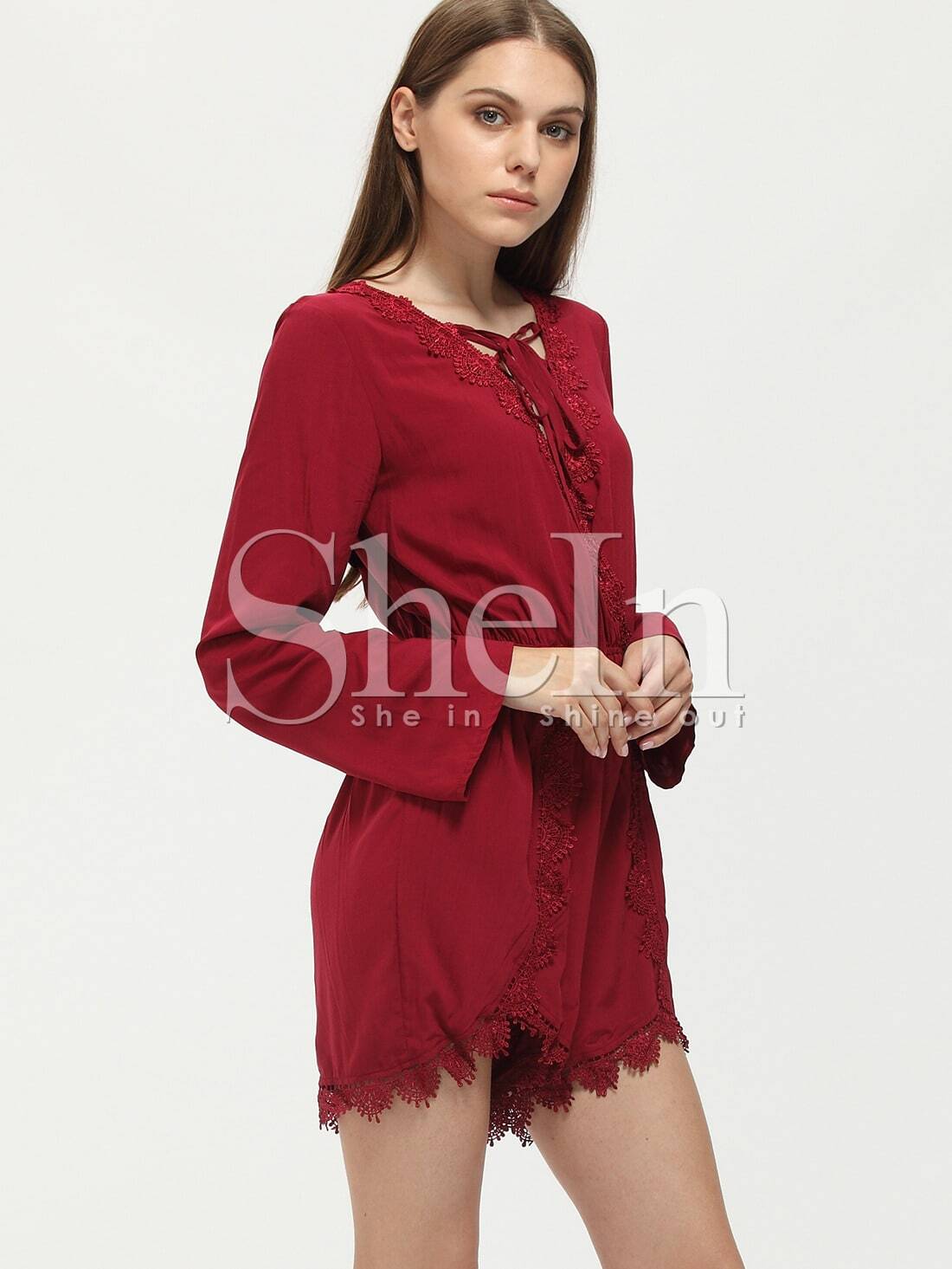 Burgundy Lace Up Neck Keyhole Back Embellished Playsuit