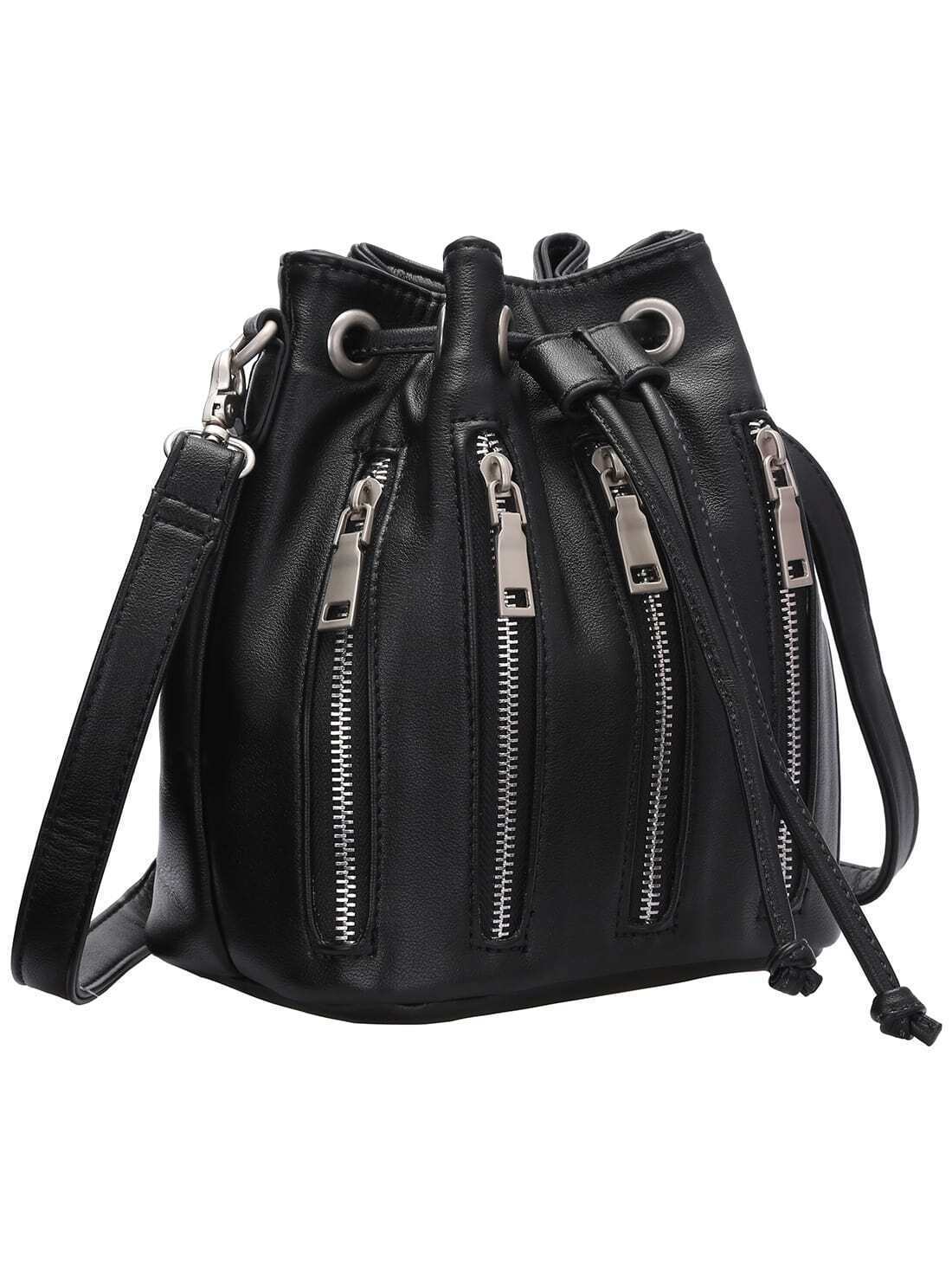 Black Drawstring Zipper Bucket Bag SheIn(Sheinside)