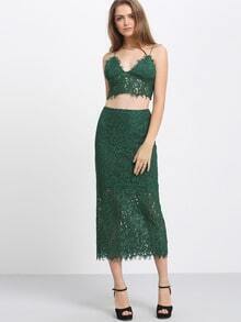 Falda tirante fino encaje crop con falda -verde oscuro