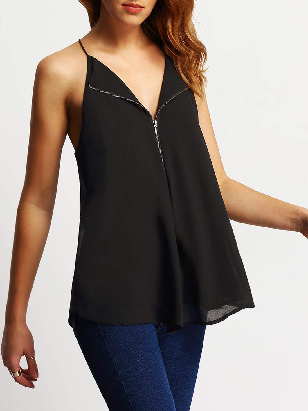 Black V Neck Chiffon Cami Top