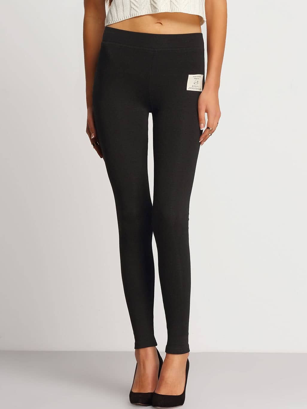 Black Elastic Waist Patch Leggings SheIn(Sheinside)