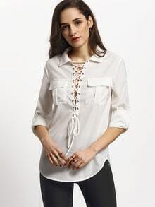 White Lace Up Neck Pockets Blouse