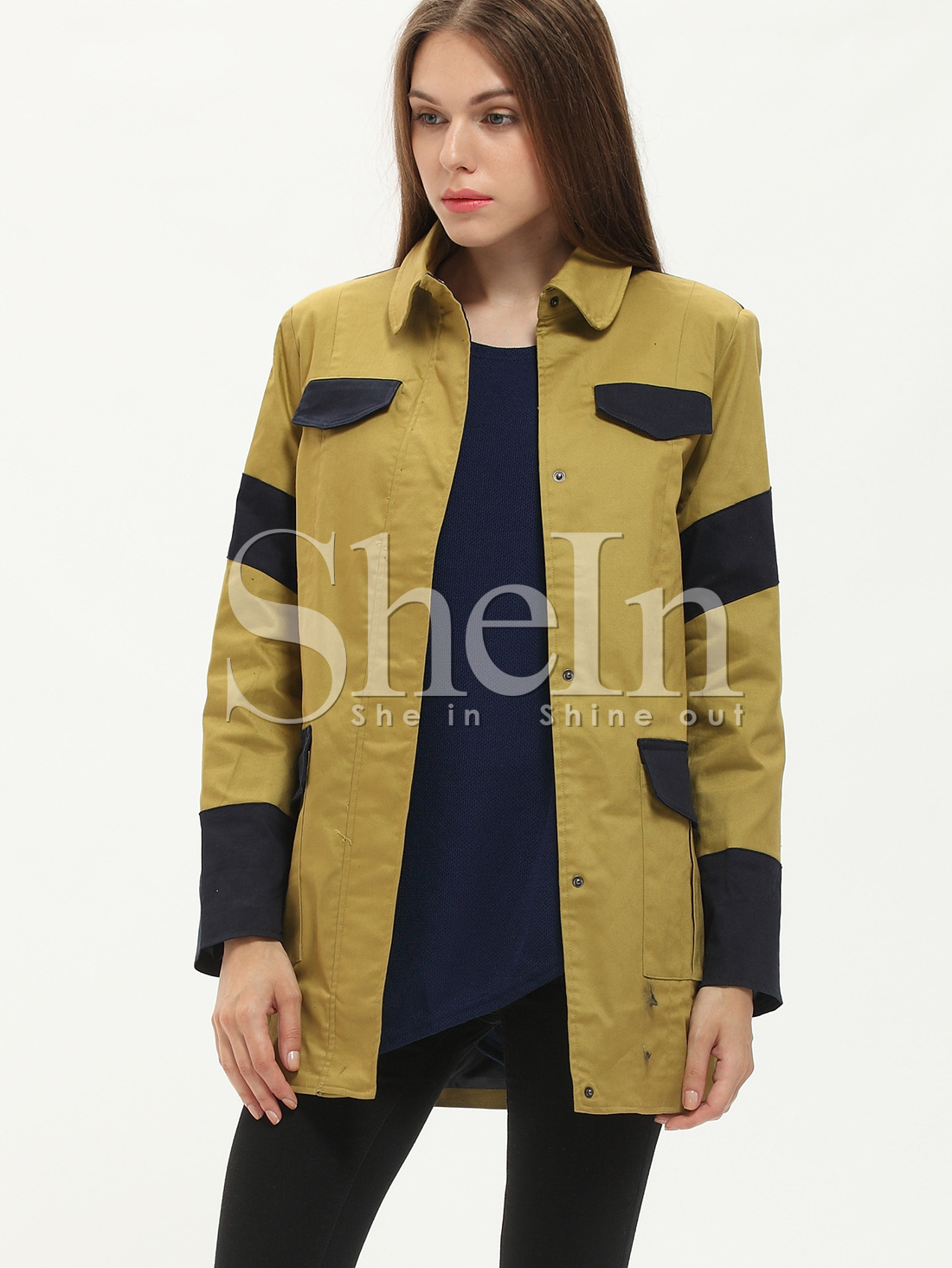 Yellow Color Block Pockets Car Coat