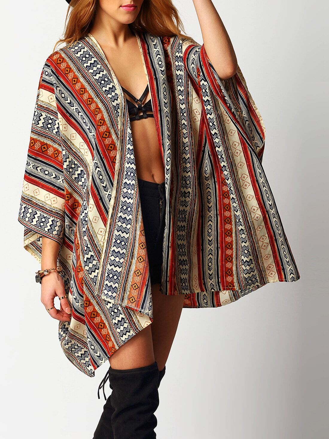 Multicolor Geometric Print Loose Kimono SheIn(Sheinside)