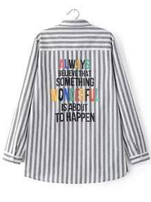 Grey White Vertical Stripe Letters Print Blouse