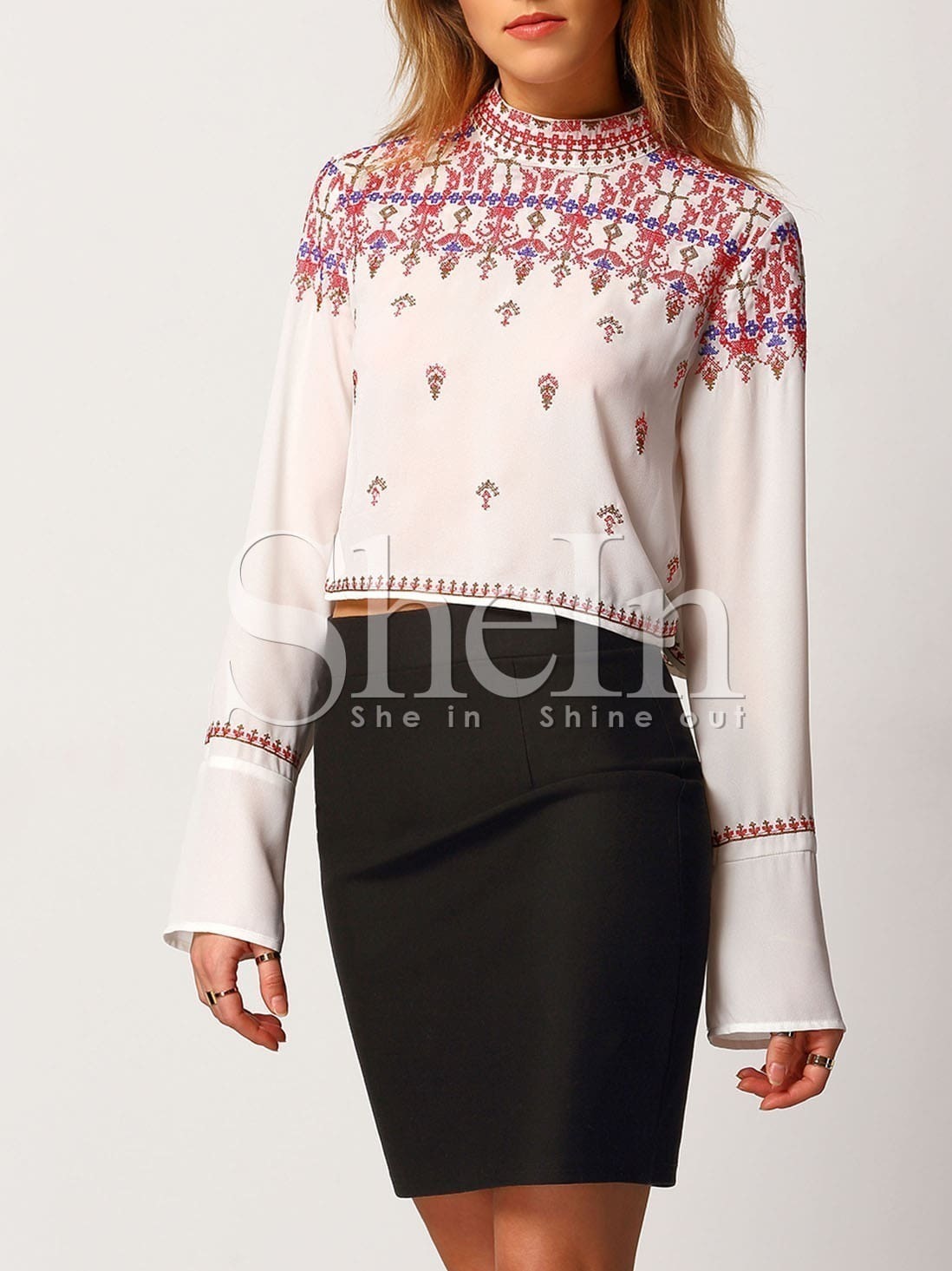 White Mock Neck Tribal Embroidered Blouse