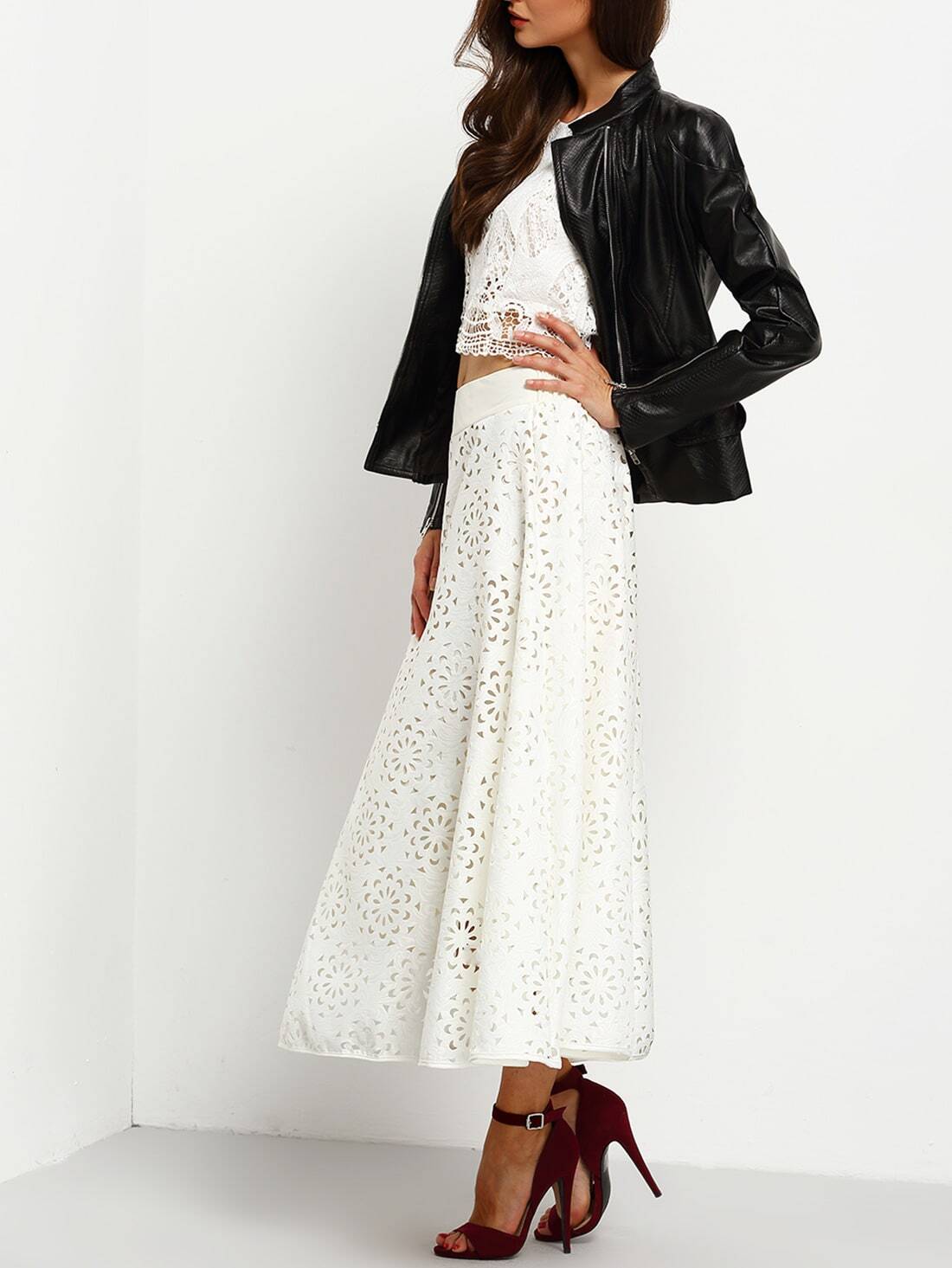 White Elastic Waist Hollow Out ALine Skirt SheIn(Sheinside)