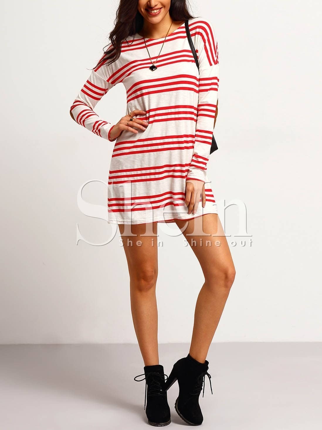 White Striped Elbow Patch Shift Dress SheIn(Sheinside)