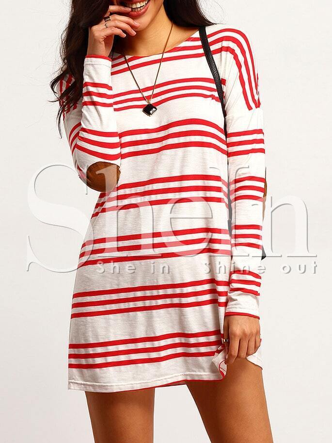 White Striped Elbow Patch Shift Dress SheIn(Sheinside)