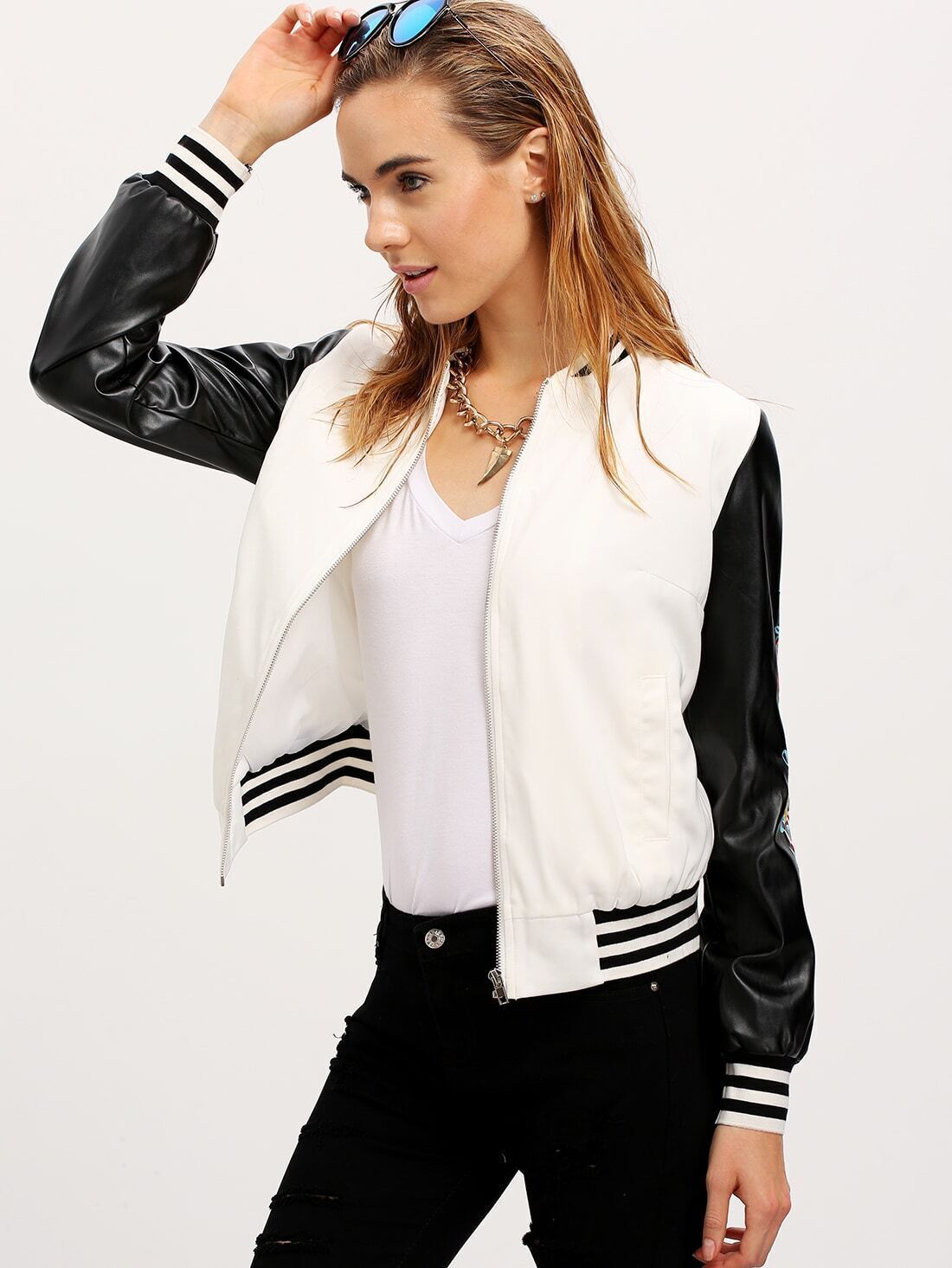 Beige Contrast Raglan Sleeve Embroidered Bomber