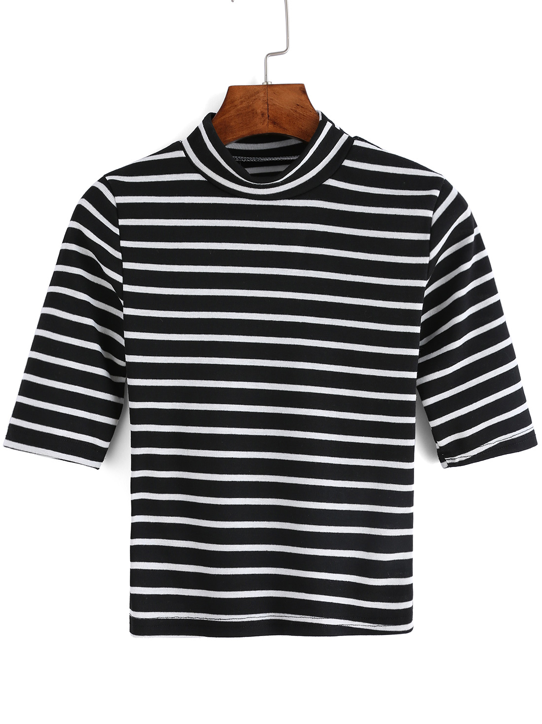 Black White Stand Collar Striped T-Shirt