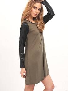 Olive PU Sleeve Round Neck Shift Dress