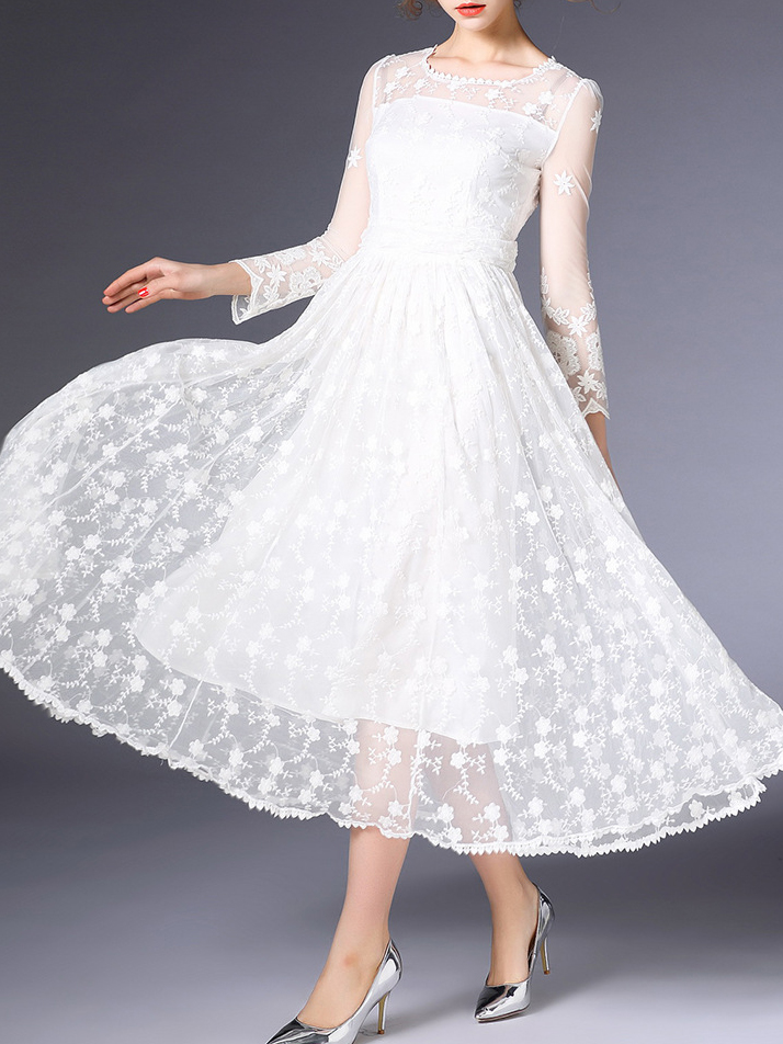 White Sheer Gauze Embroidered Midi Dress SheIn(Sheinside)