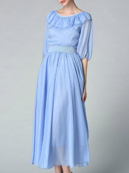 Blue Ruffle Elastic-Waist A-Line Dress