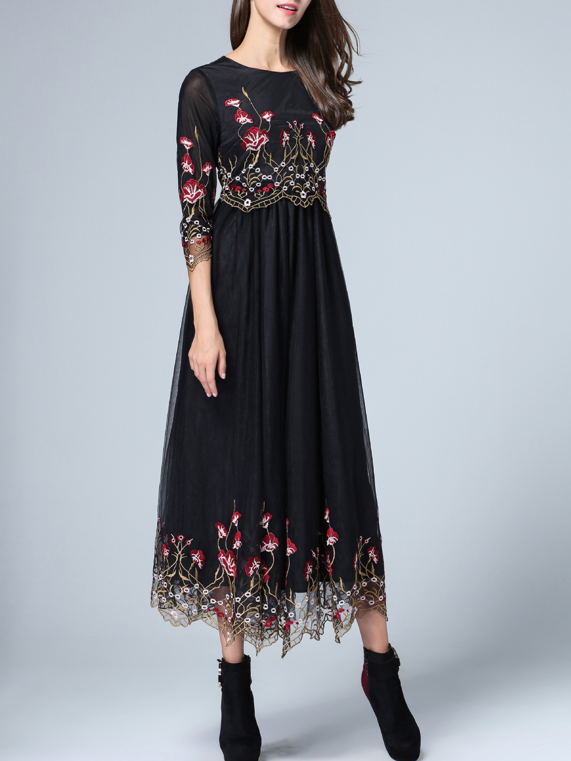 Black Gauze Embroidered ALine Midi Dress SheIn(Sheinside)