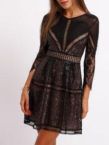 Black Crew Neck Hollow Lace Dress