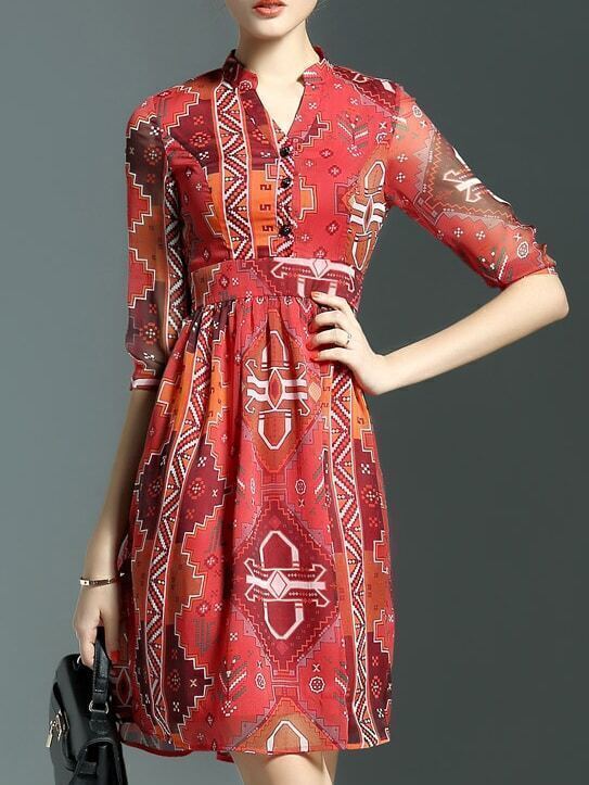 Orange V Neck Geometric Print A-Line Dress