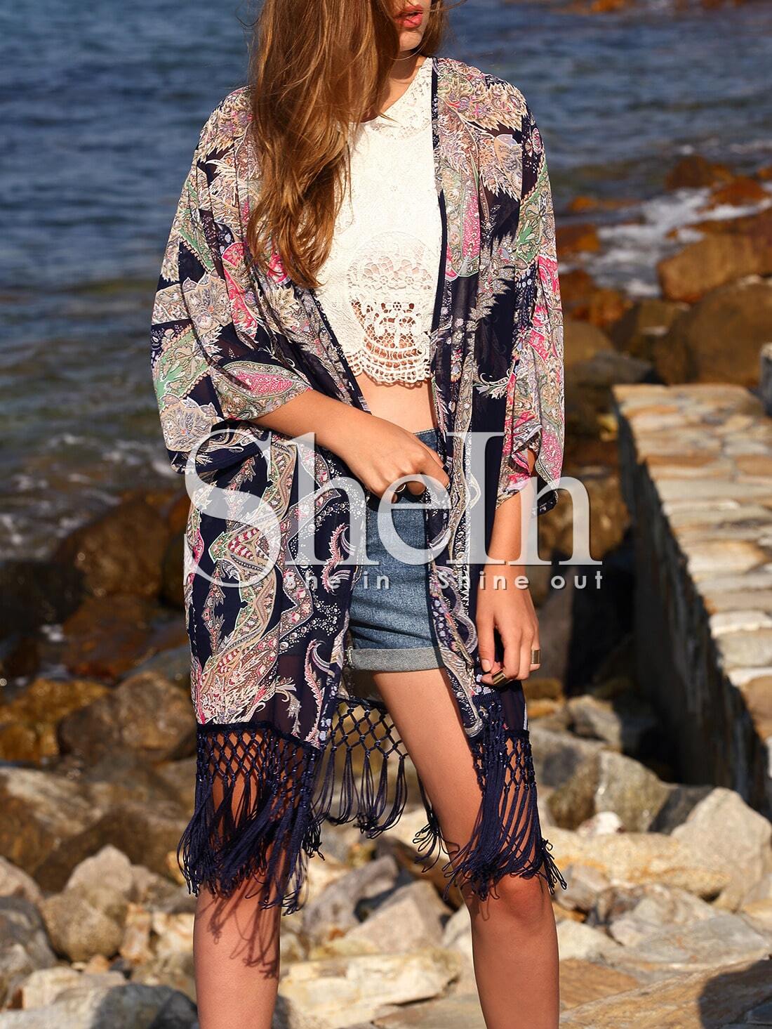 Navy Tassel Vintage Print Kimono