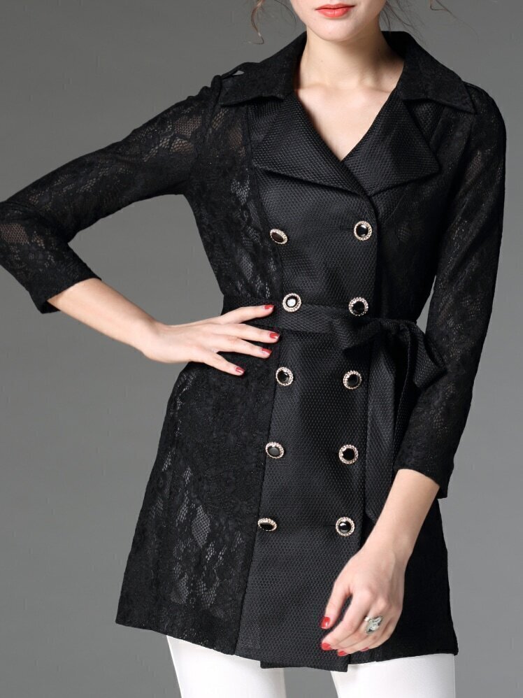 Black Lapel Tie-Waist Pockets Lace Coat