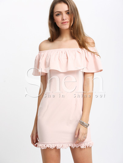 Pink Ruffle Off The Shoulder Sheath Dress