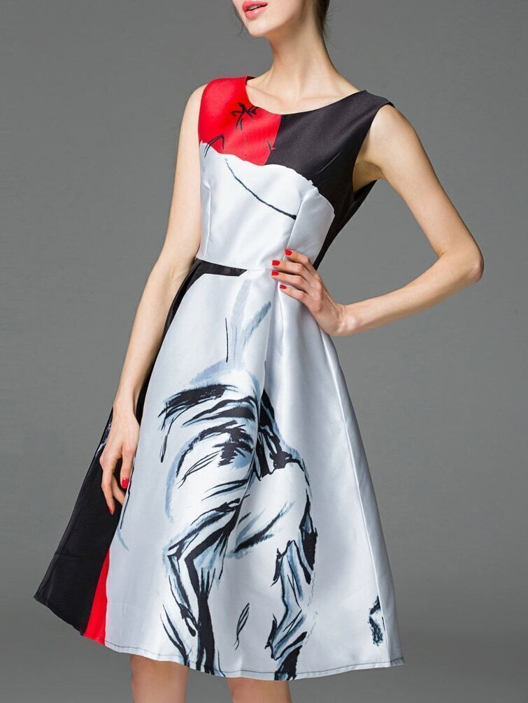 Silver Color Block Print A-Line Dress