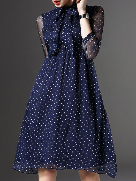 Navy Tie Neck Sheer Sleeve Polka Dot Dress