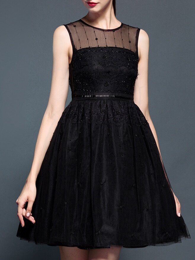 Black Organza Beading Contrast Lace A-Line Dress