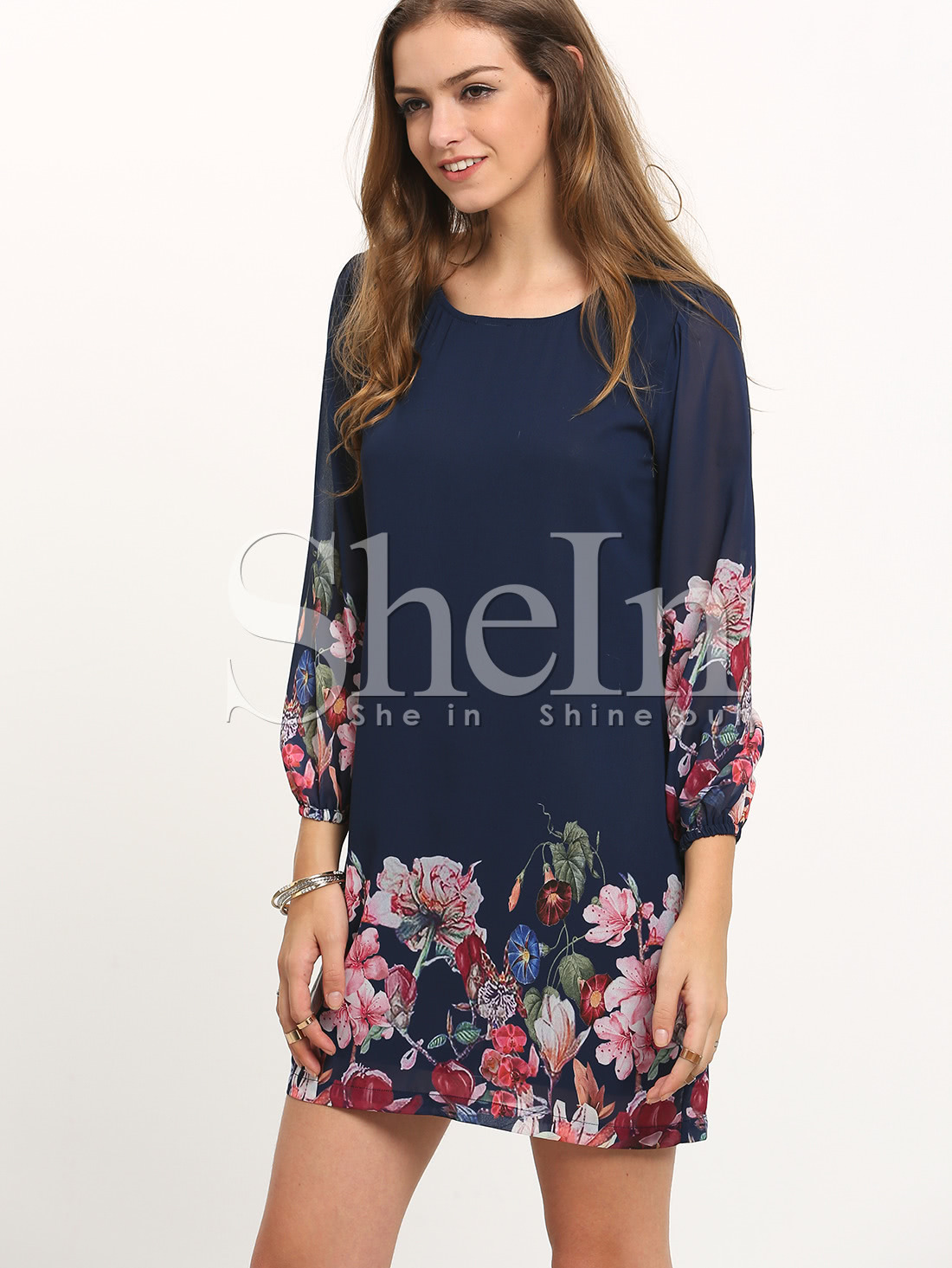 Dark Blue Lantern Sleeve Floral Shift Dress