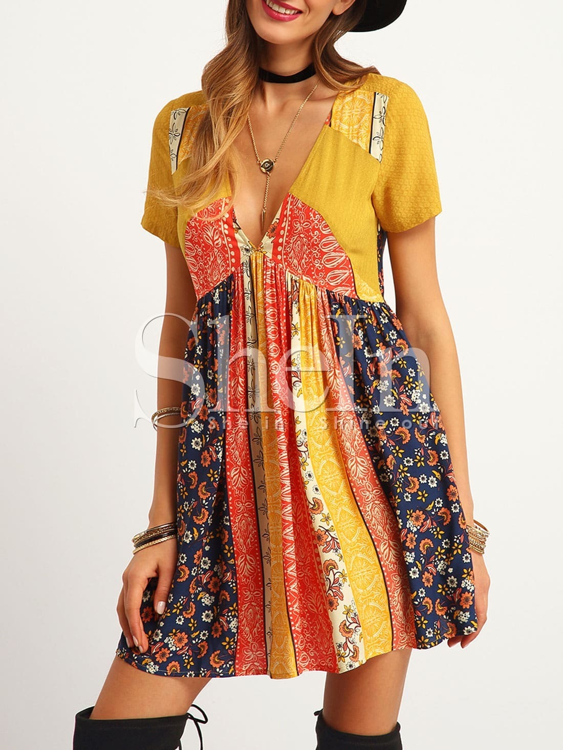 Multicolor Print Deep V Neck Short Sleeve Dress