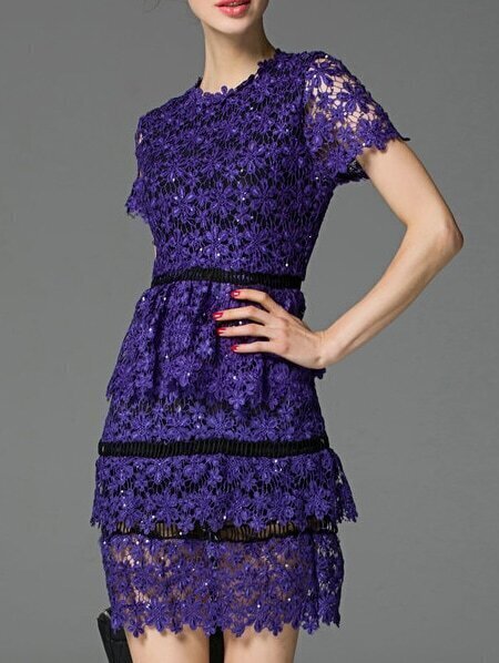 Purple Crochet Hollow Out Ruffle Sheath Dress