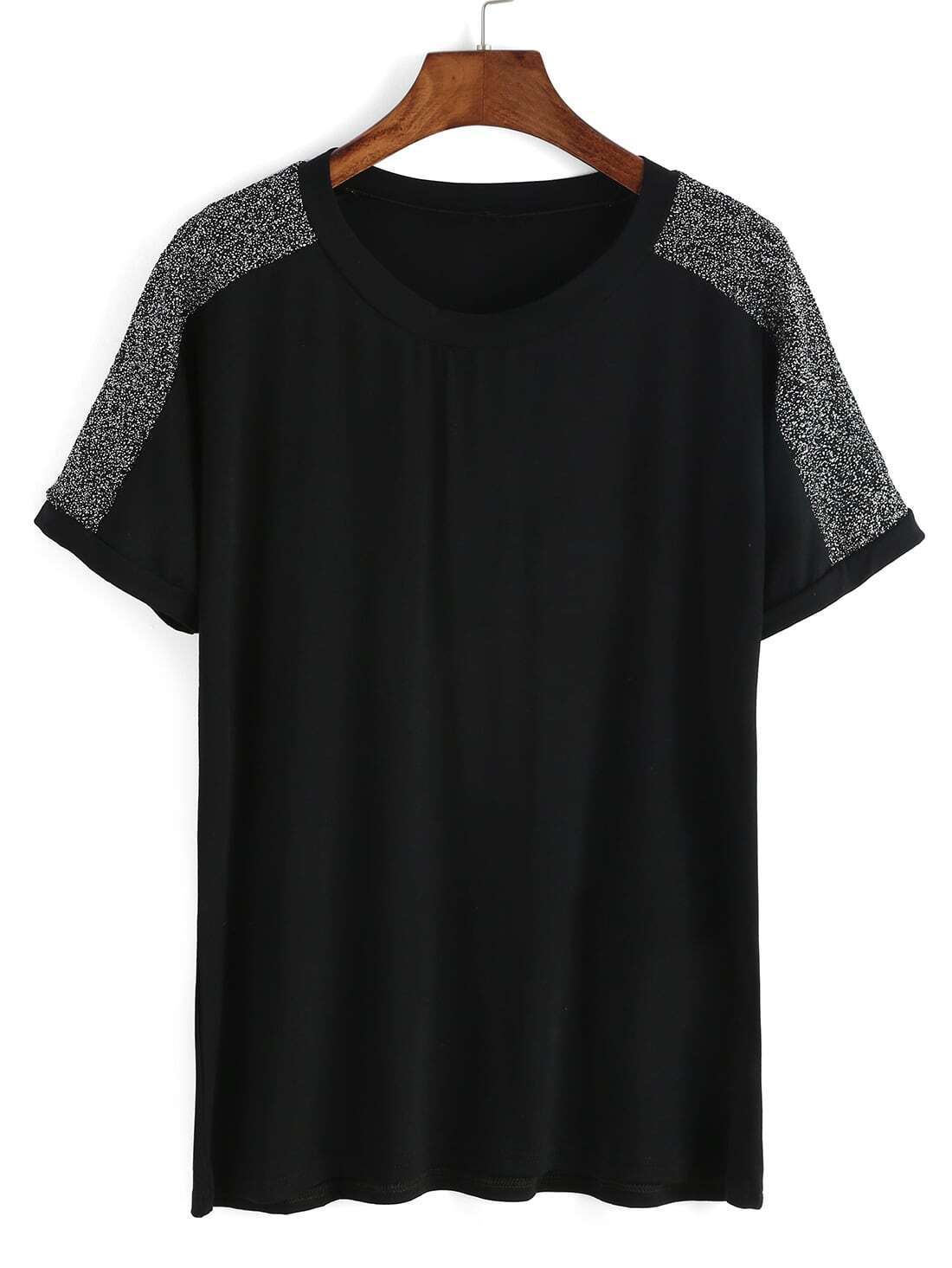 Black Contrast Shoulder Crew Neck Loose T-Shirt