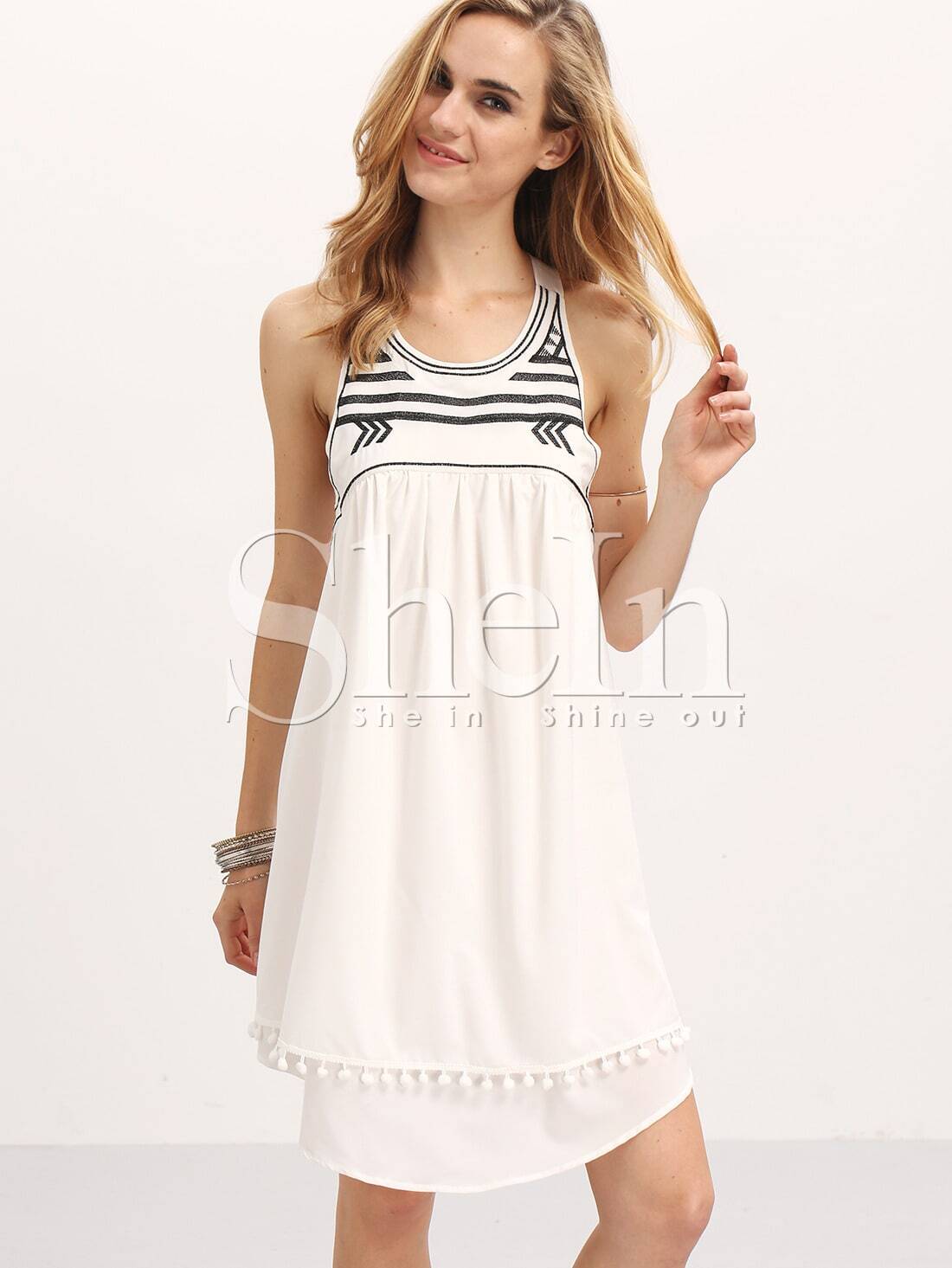 Cream Pompom Dual Hem Pleated Shift Dress