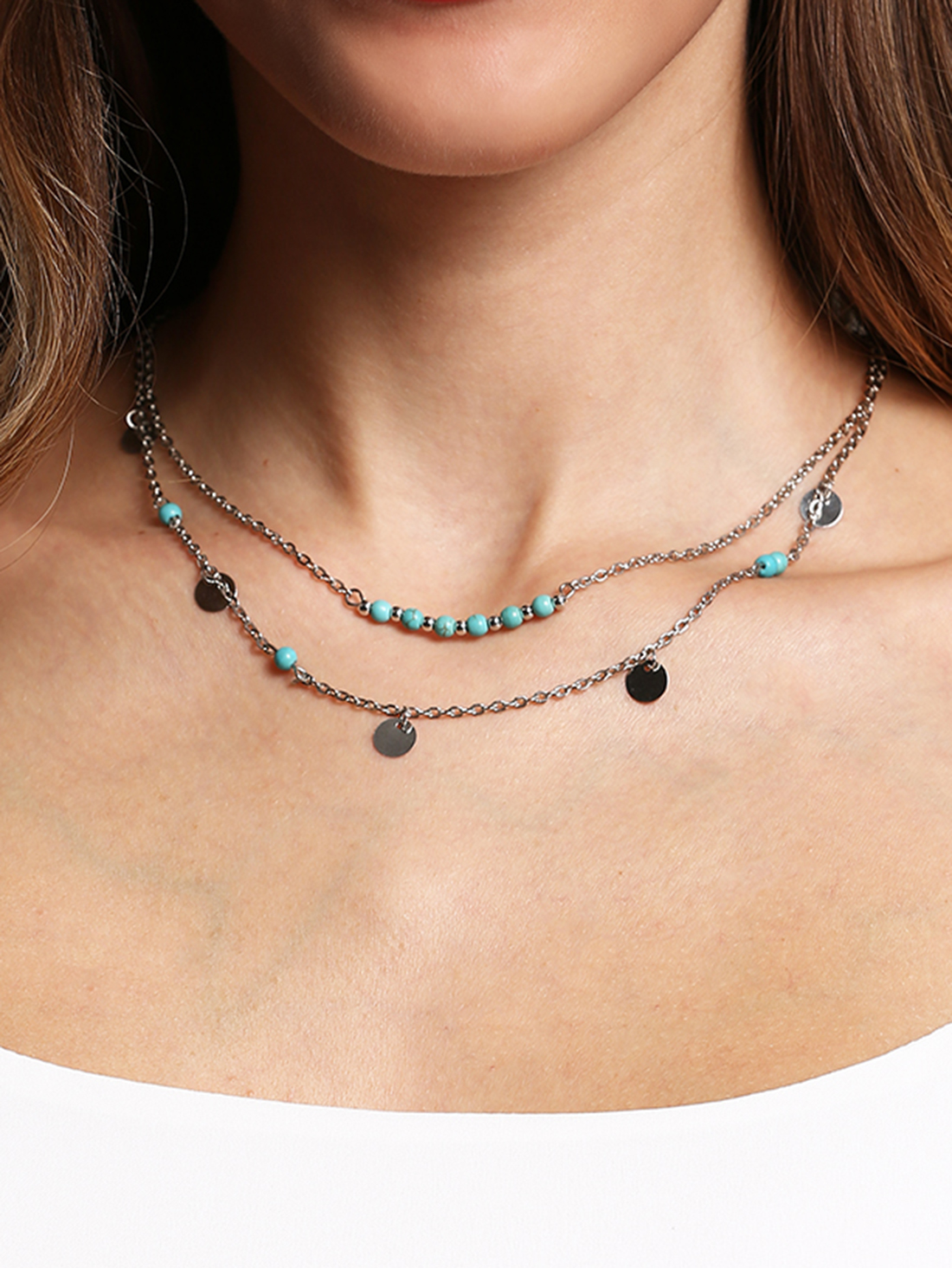 Silver-tone Turquoise&Pailette Wrap Link Necklace